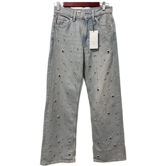 ZARA JEANS TRF CURVED STRASS ハイウエスト 3607/011 TRF HIGH-RISE WIDE LEG CROSSOVER WAIST JEANS - White | ZARA